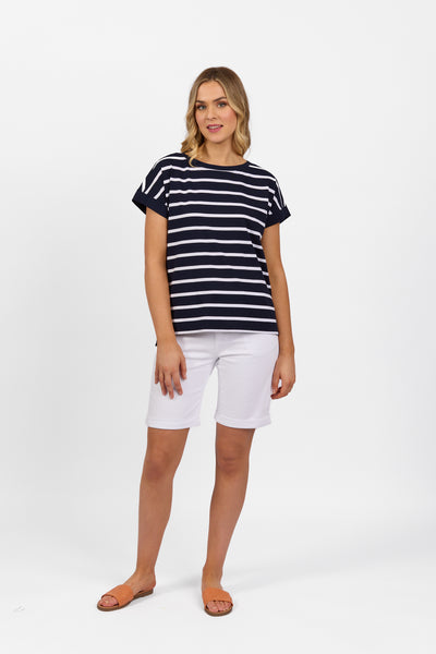 Vassalli  Top Drop Sleeve Stepped Hem  INK with WHITE STRIPE