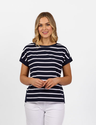 Vassalli  Top Drop Sleeve Stepped Hem  INK with WHITE STRIPE