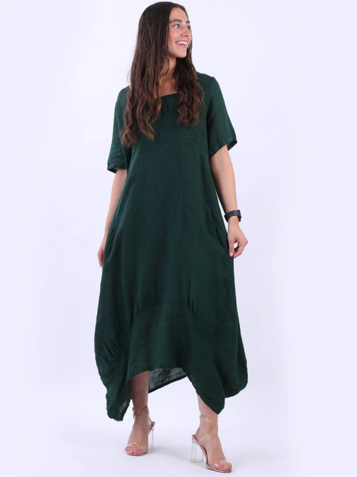 AVA DIP  Linen Dress FOREST GREEN