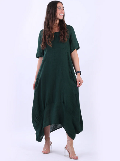 AVA DIP  Linen Dress FOREST GREEN