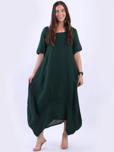 AVA DIP  Linen Dress FOREST GREEN