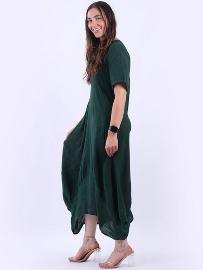 AVA DIP  Linen Dress FOREST GREEN