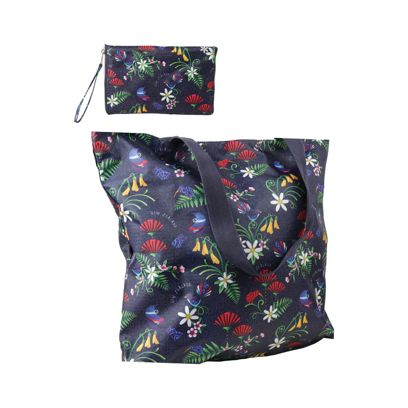 BAG FOLDING ZIP BIRDS FLOWERS NAVY