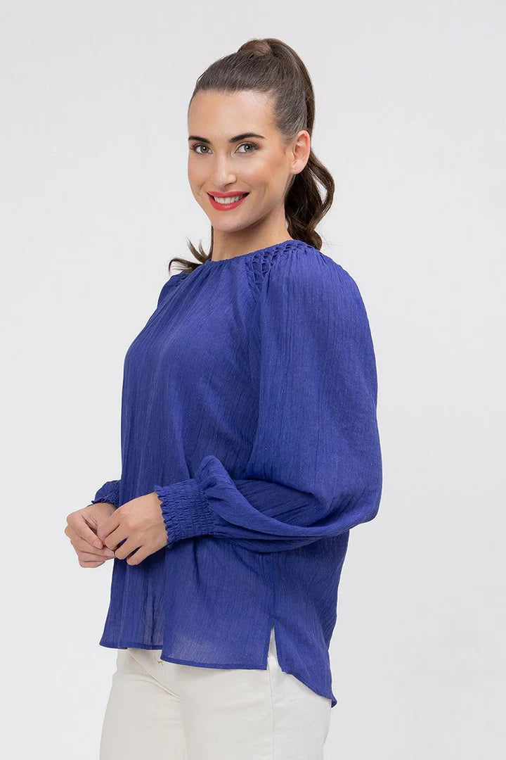 SEEKING LOLA HONEYCOMBE BLOUSE BLUEBERRY SLUB