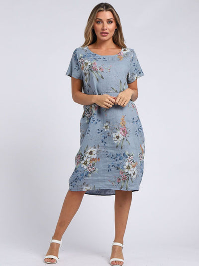 Fleur Linen Dress  Floral DENIM BLUE