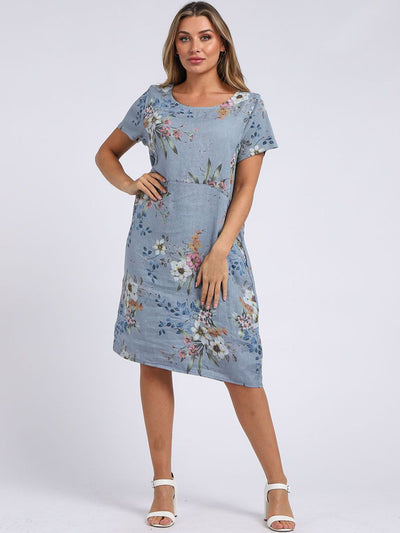 Fleur Linen Dress  Floral DENIM BLUE