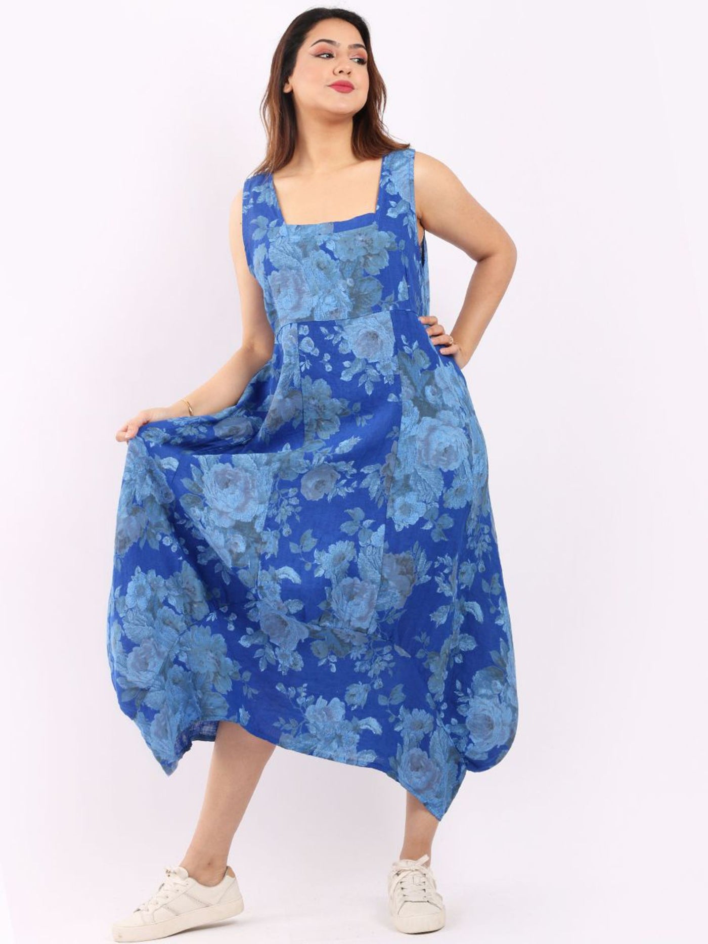 GABRIELLA Floral Linen Dress ROYAL BLUE