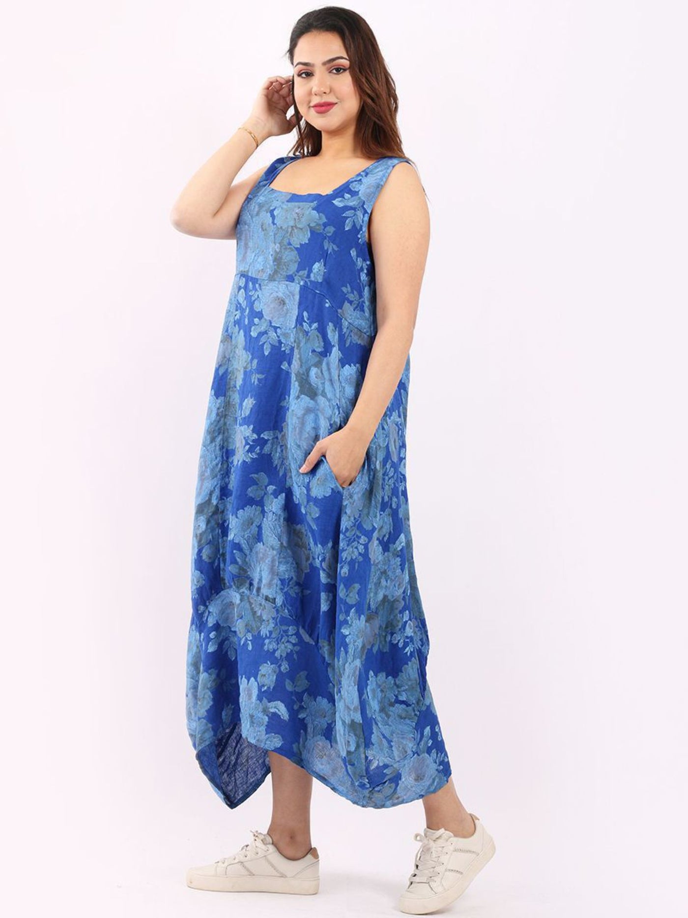 GABRIELLA Floral Linen Dress ROYAL BLUE