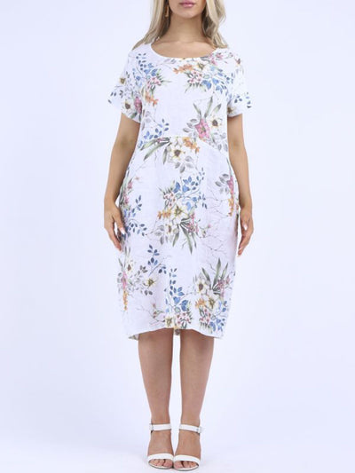 Fleur Linen Dress  Floral WHITE