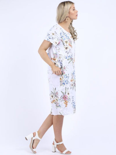 Fleur Linen Dress  Floral WHITE