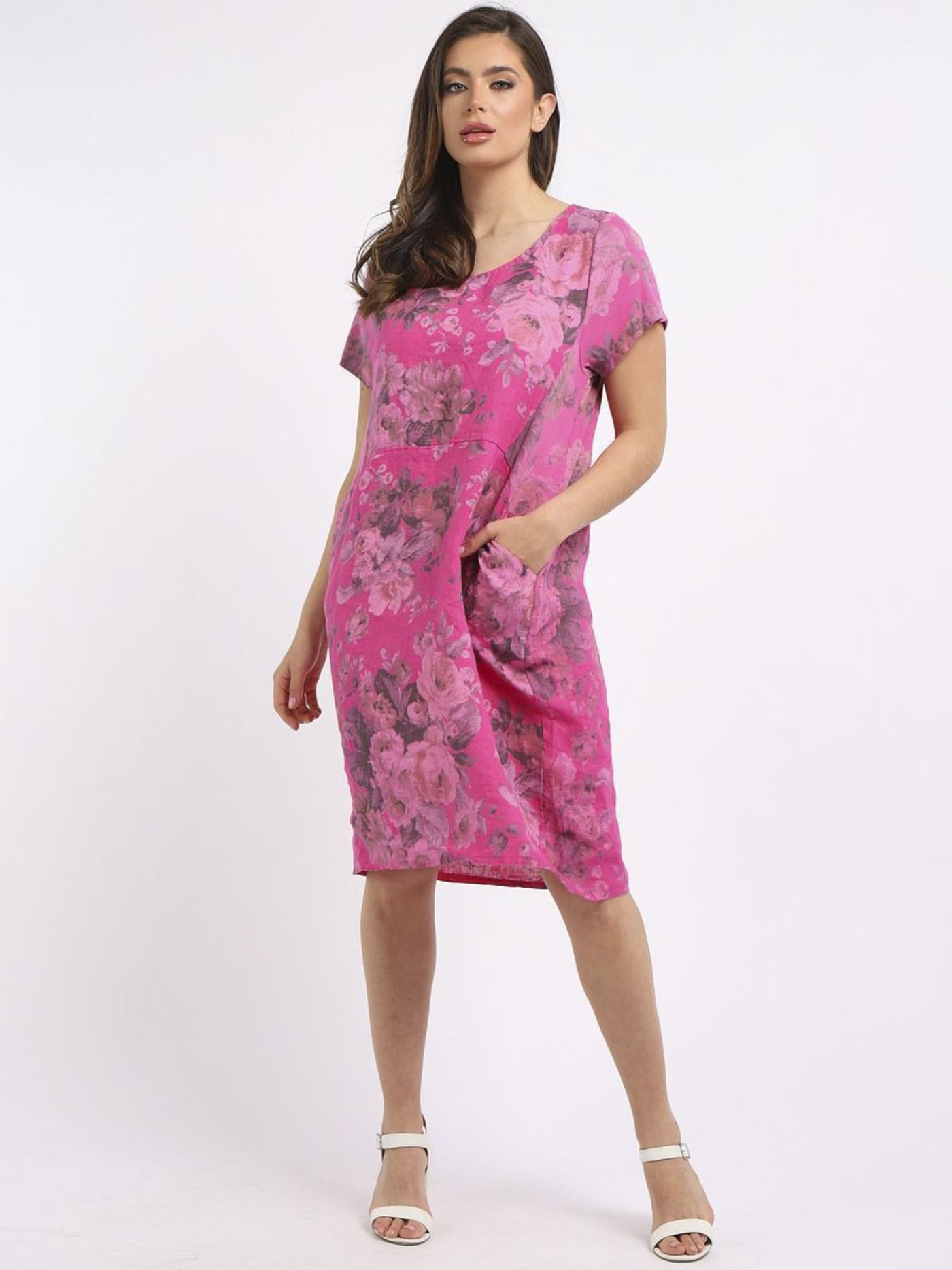 Fleur Linen Dress FLORAL PASTEL FUSHIA PINK