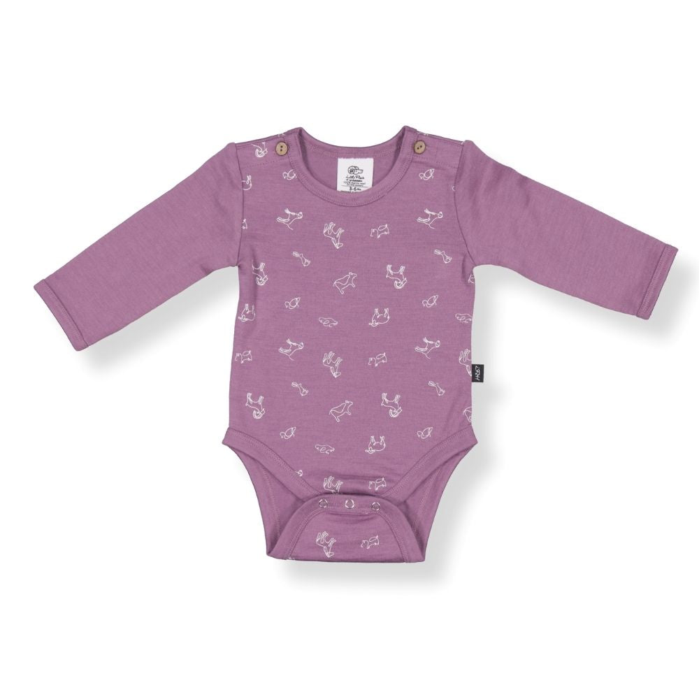 LITTLE FLOCK OF HORRORS riley bodysuit mauve animal