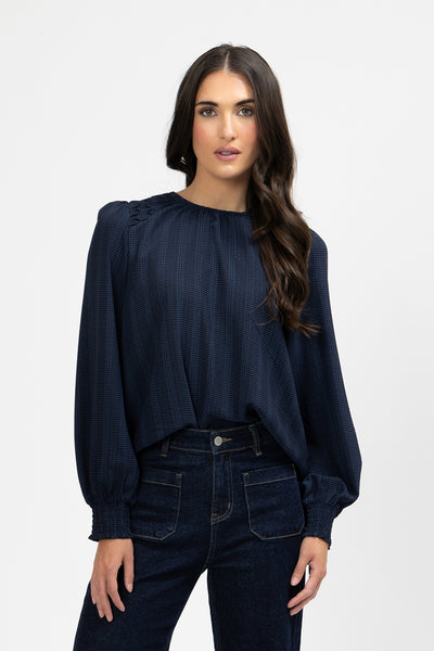 SEEKING LOLA HONEYCOMBE BLOUSE NAVY CHECK