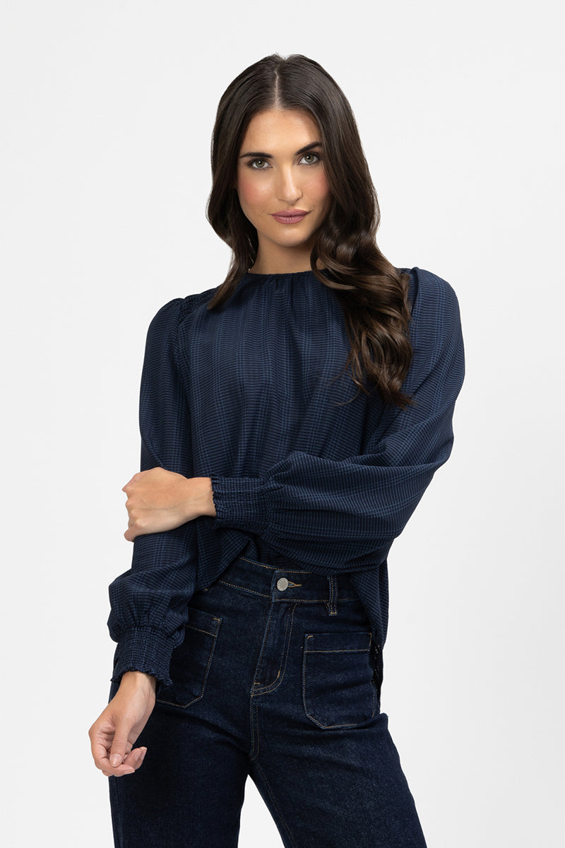SEEKING LOLA HONEYCOMBE BLOUSE NAVY CHECK