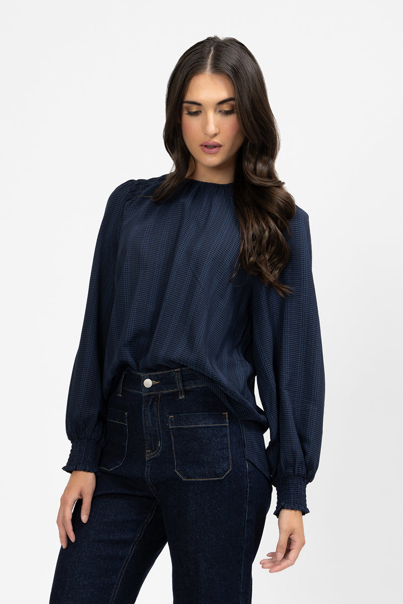 SEEKING LOLA HONEYCOMBE BLOUSE NAVY CHECK