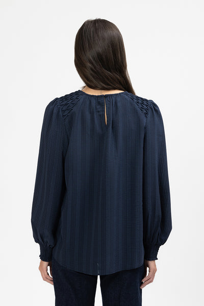SEEKING LOLA HONEYCOMBE BLOUSE NAVY CHECK