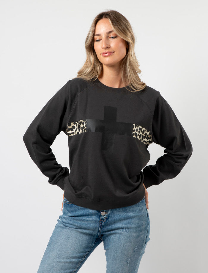 Stella & Gemma  Sweater Charcoal Cross Leopard Stripe