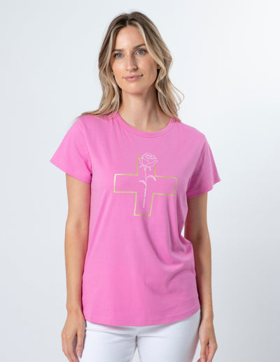 Stella & Gemma  T SHIRT Bubblegum white rose gold cross