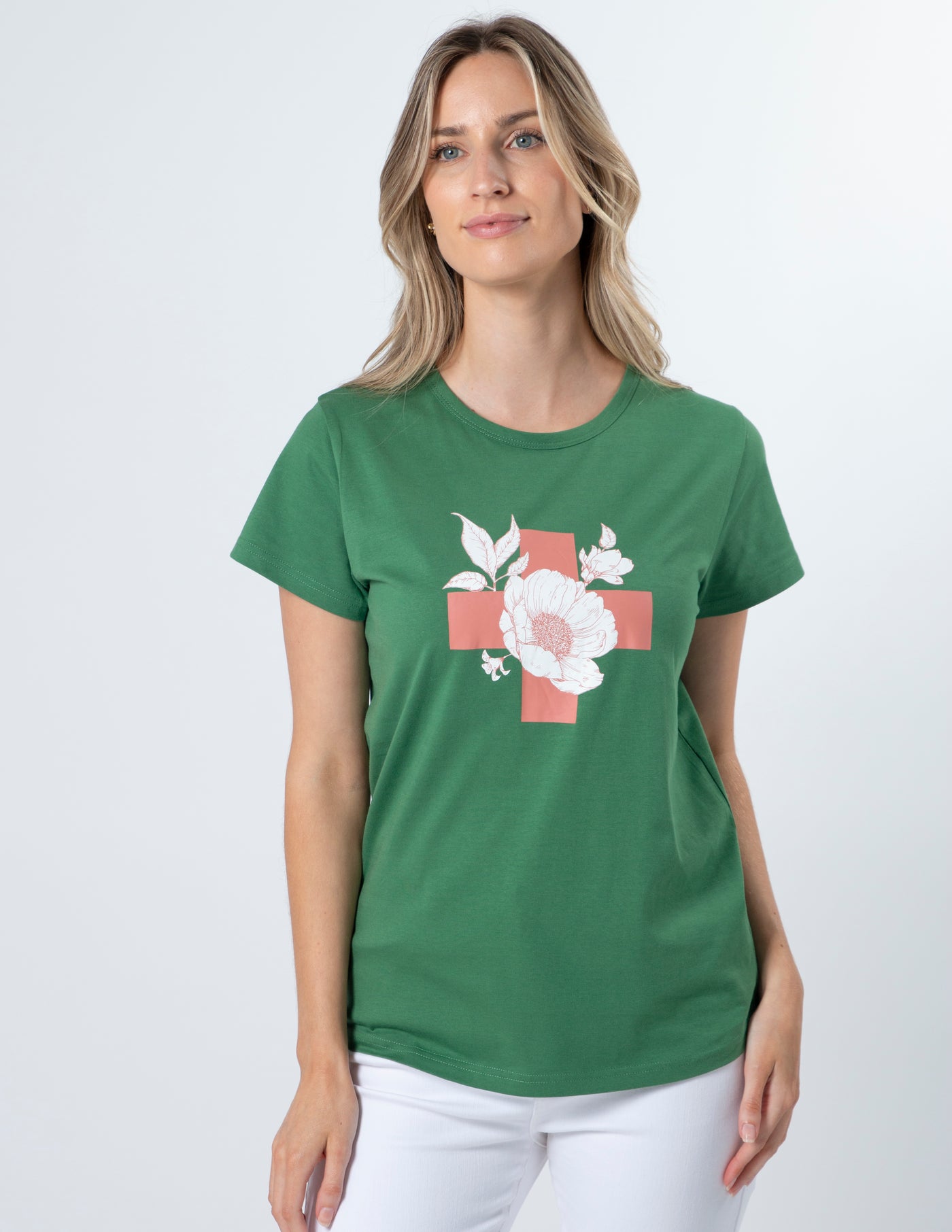 Stella & Gemma  T SHIRT Vintage Green Floral with cross