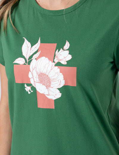 Stella & Gemma  T SHIRT Vintage Green Floral with cross