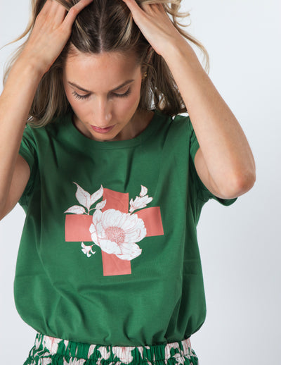 Stella & Gemma  T SHIRT Vintage Green Floral with cross