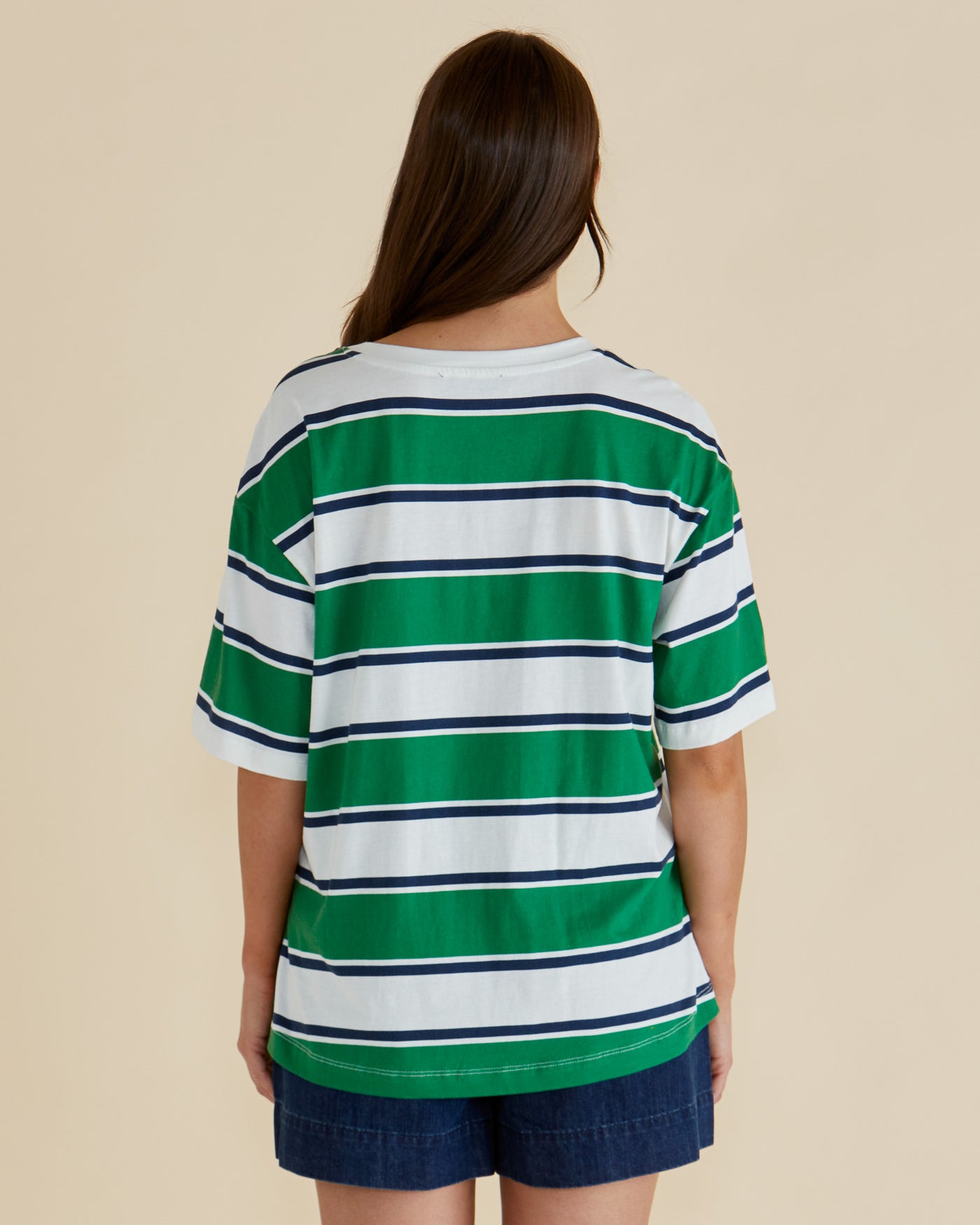 Betty Basics RELAXED BOXY T NAVY/GREEN STRIPE