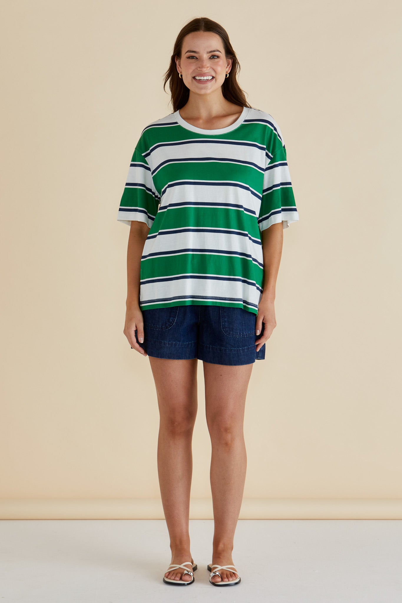 Betty Basics RELAXED BOXY T NAVY/GREEN STRIPE