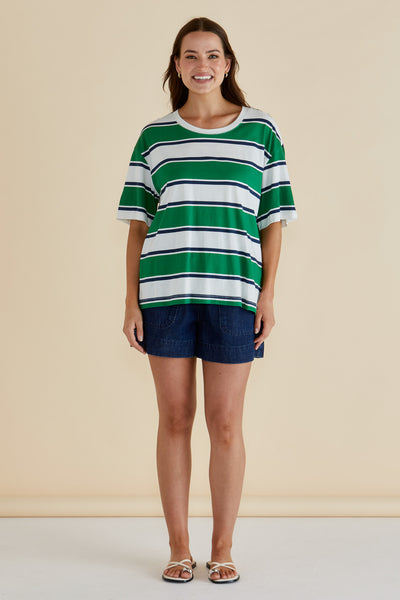 Betty Basics RELAXED BOXY T NAVY/GREEN STRIPE