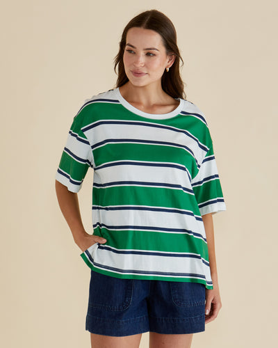 Betty Basics RELAXED BOXY T NAVY/GREEN STRIPE