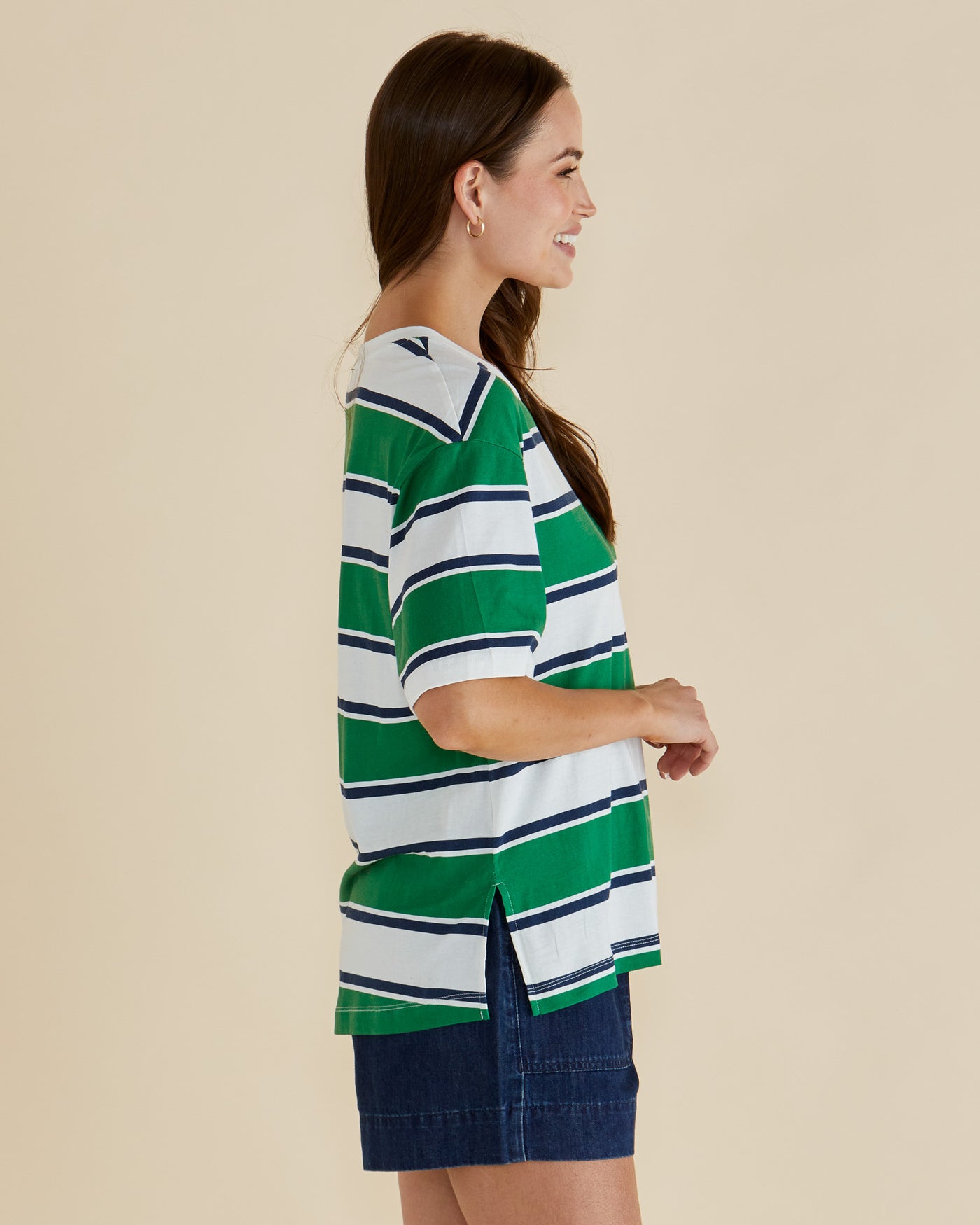 Betty Basics RELAXED BOXY T NAVY/GREEN STRIPE