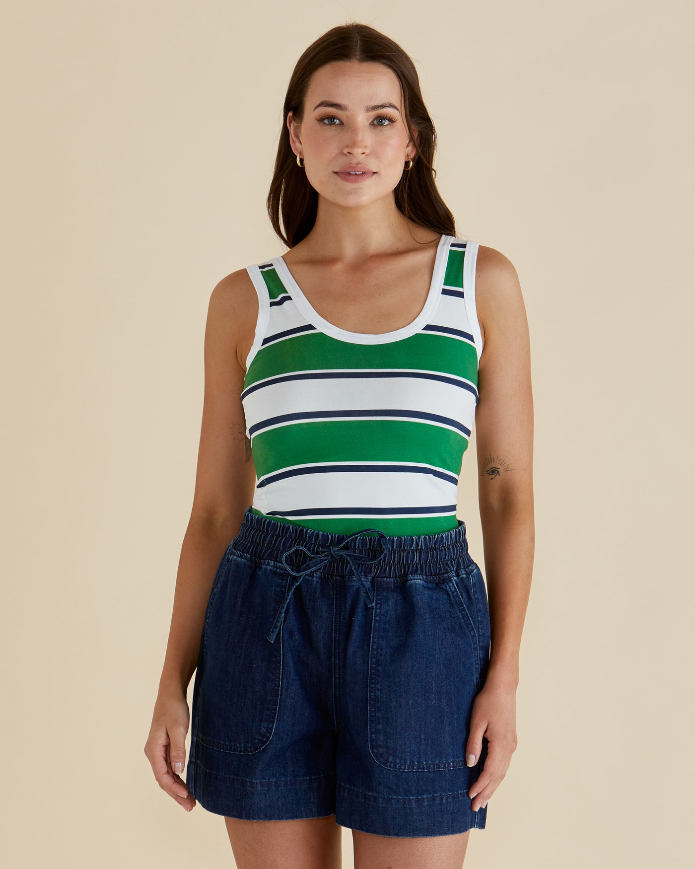 Betty Basics EMMA SCOOP TANK NAVY/GREEN STRIPE