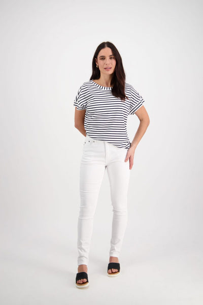 Vassalli  Top Drop Sleeve  Stepped Hem  WHITE with NAVY Stripe