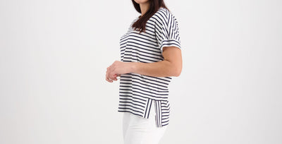Vassalli  Top Drop Sleeve  Stepped Hem  WHITE with NAVY Stripe