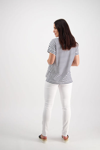 Vassalli  Top Drop Sleeve  Stepped Hem  WHITE with NAVY Stripe
