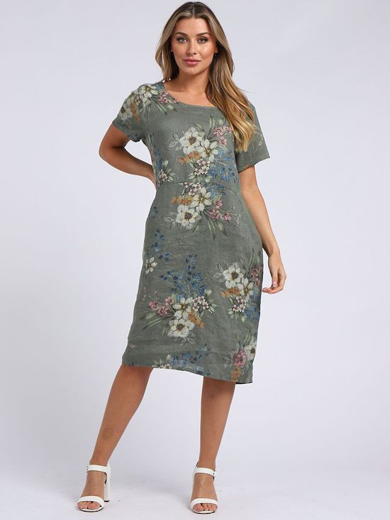 Fleur Linen Dress  floral KHAKI