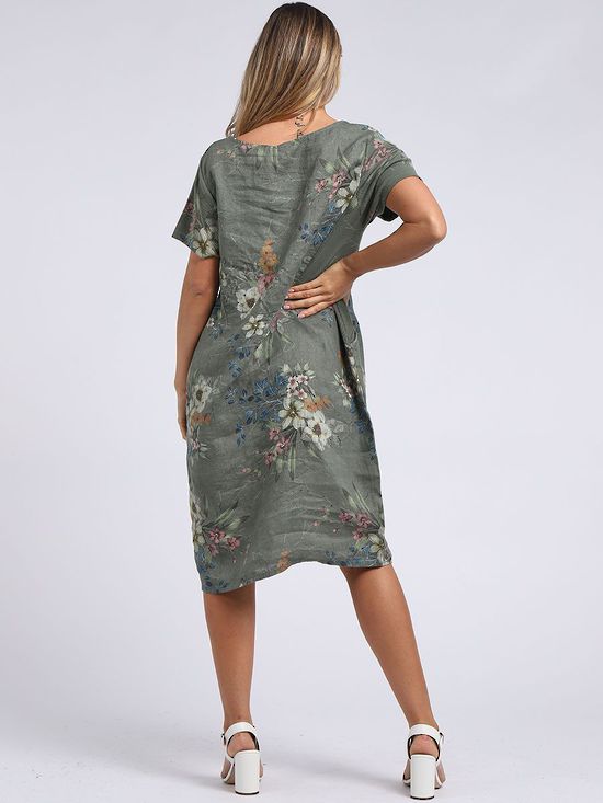 Fleur Linen Dress  floral KHAKI