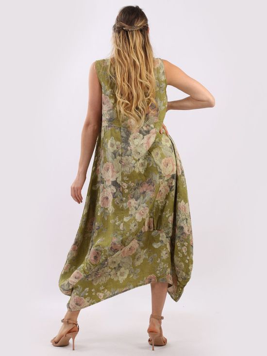 GABRIELLA Floral Linen Dress OLIVE GREEN