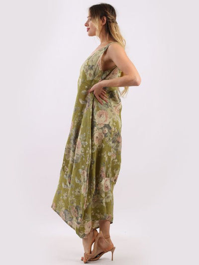 GABRIELLA Floral Linen Dress OLIVE GREEN