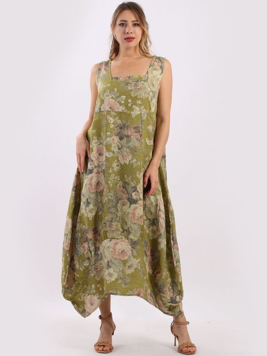 GABRIELLA Floral Linen Dress OLIVE GREEN