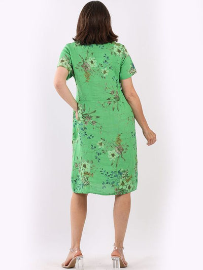 Fleur Linen Dress  floral APPLE GREEN