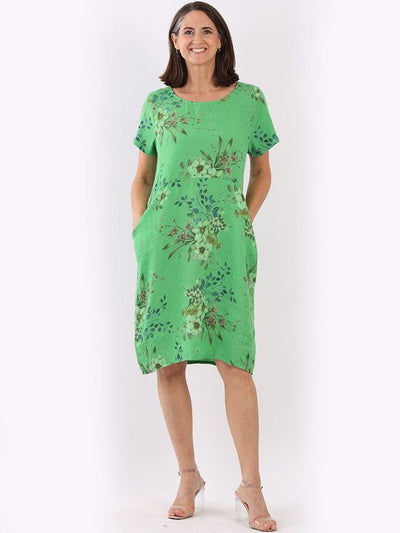 Fleur Linen Dress  floral APPLE GREEN