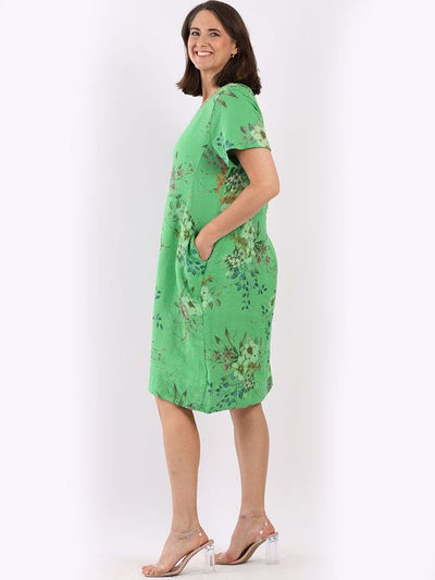 Fleur Linen Dress  floral APPLE GREEN