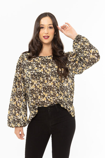 SEEKING LOLA  Carefree Top Black Floral Crinkle